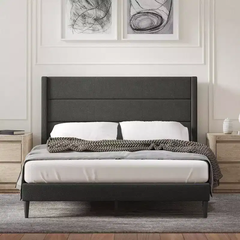 Upholstered Wingback Platform Bed Frame, No Box Spring Needed, Easy Assembly