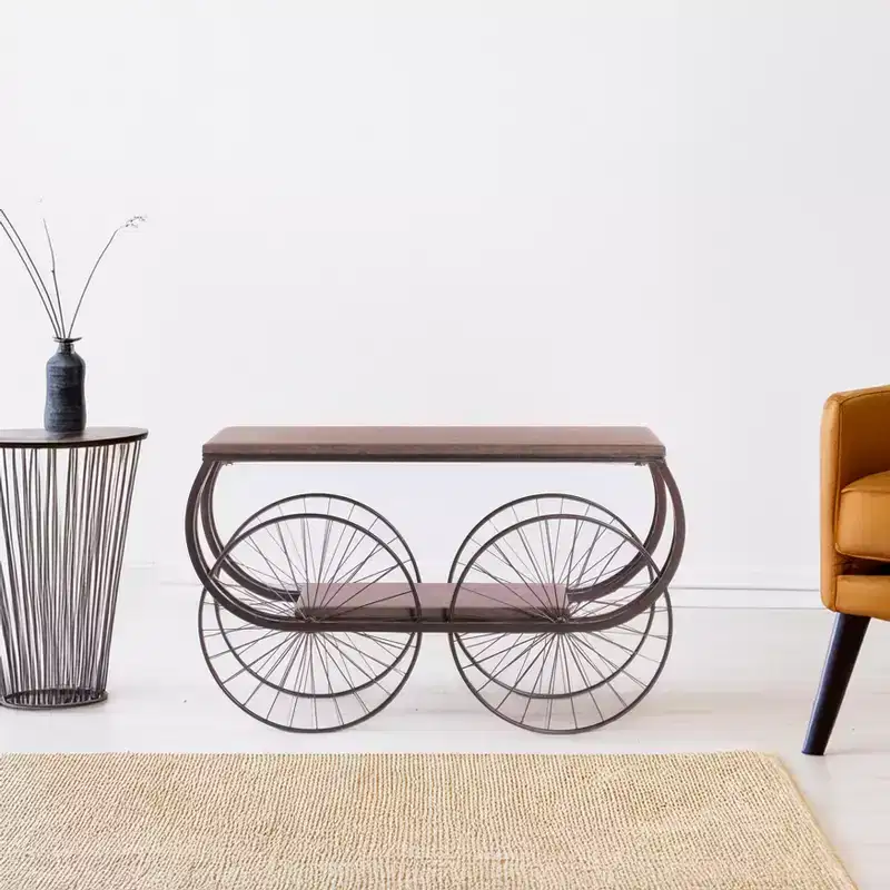 Vintiquewise Industrial Wagon Style Console Table Rustic Wood Top Large Spoke Metal Wheels & Lower Storage Shelf Vintage Accent Display Table