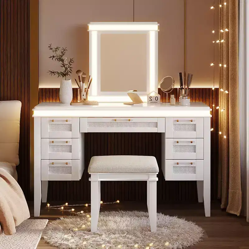 Classic Boho Wood Makeup Vanity Desk with Lighted Mirror, 7 Drawers and Cushioned Stool