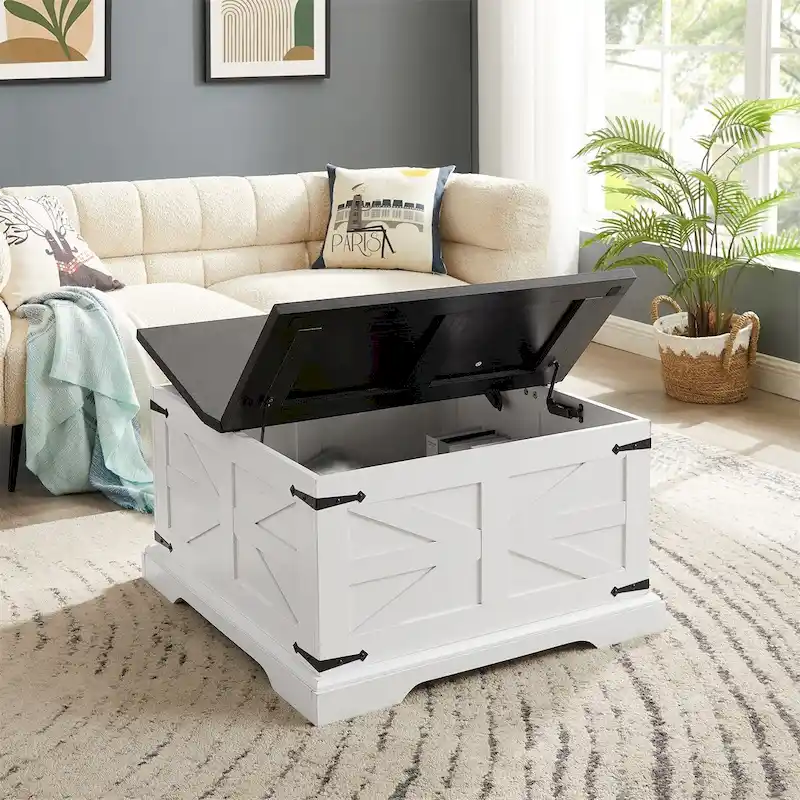 Farmhouse Coffee Table,Square Wood Center Table w/Storage Compartment