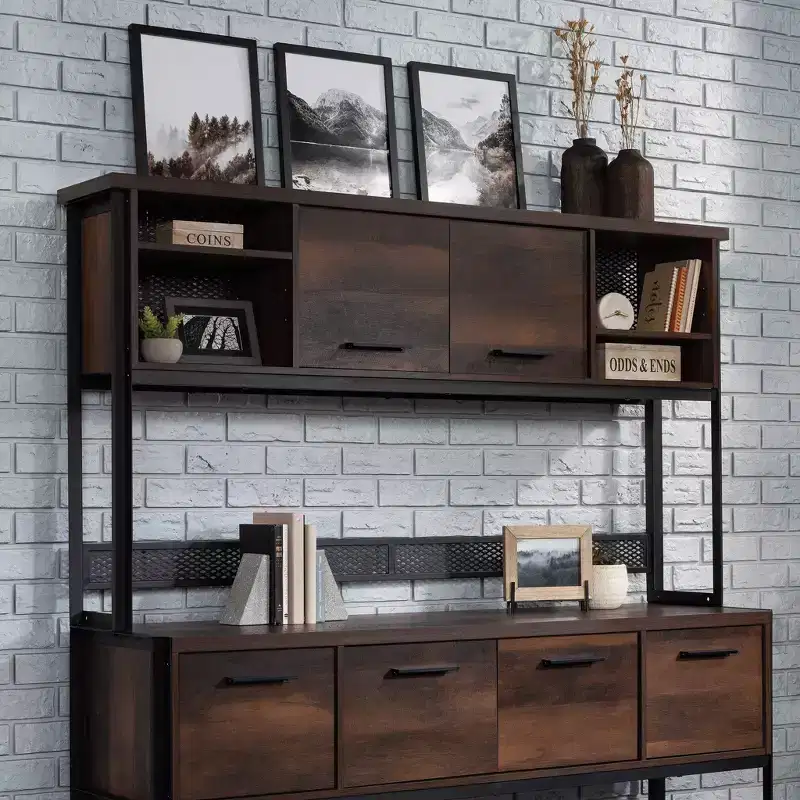 Briarbrook Large Library Hutch Barrel Oak - Industrial Style, Laminated Surface, Metal Hardware