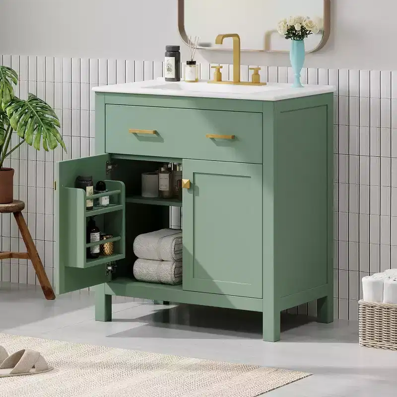 30 Inch Modern Bathroom Vanity with Ceramic Sink, Flip-Out Drawer, 2 Soft Close Doors & Storage Shelves, Green Bathroom Cabinet