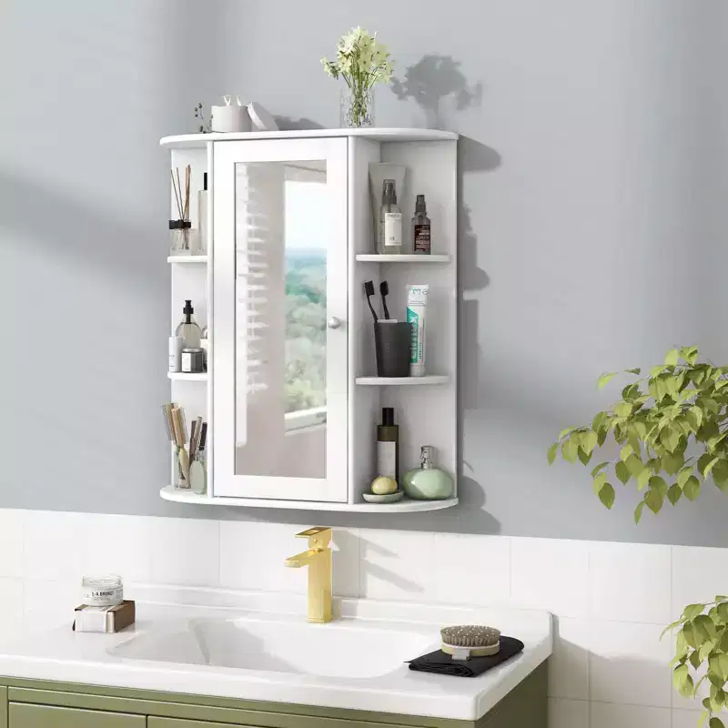 Costway Bathroom Cabinet Single Door Shelves Wall Mount Cabinet with Mirror White