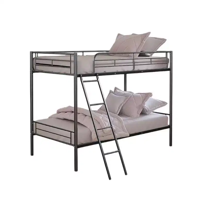 Twin Over Twin Bunk Bed, Black Metal Frame, Attached Angled Ladder