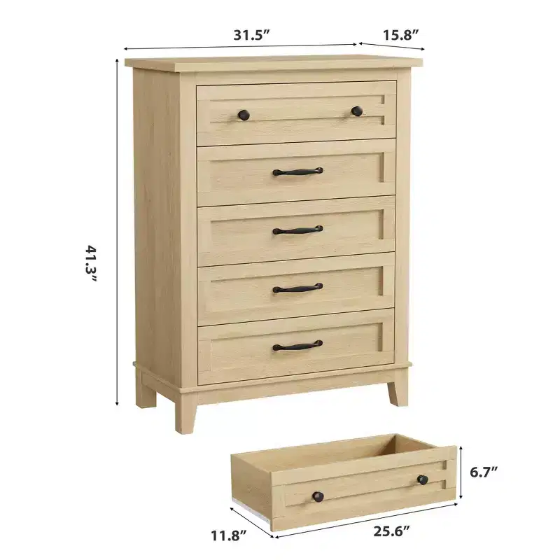 Acekool 5 Drawer Tall Dresser, Vertical Wooden Chest of Drawers Storage Organizer for Bedroom, Living Room, Entryway, Natural Oak