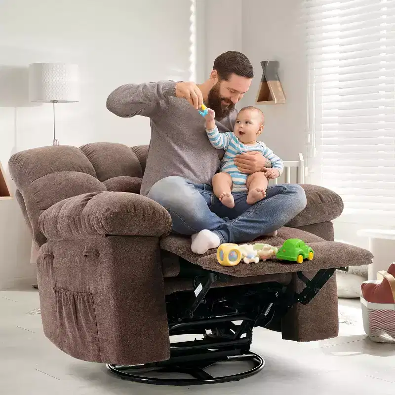 360 Swivel Rocker Chair for Living Room,Upholstered Fabric Glider Nursery Chair with Side Pockets for Small Spaces(Brown)