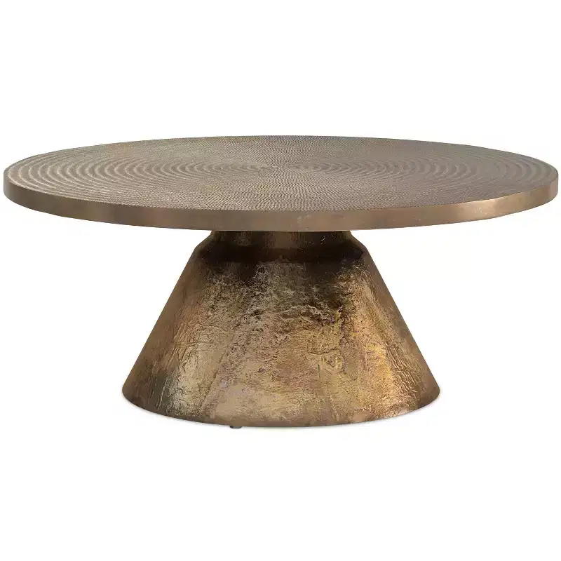 36 inch Wide Round Cast Aluminum Coffee Table in Vintage Brass, Fully Assembled