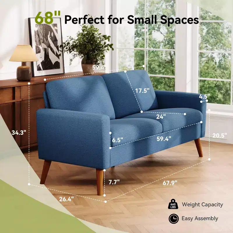 Dyonery 68 Loveseat Sofa for Living Room, Mid Century Modern Deep Seating Couches for Apartment Furniture, Comfy Two Seater Couches Sleeper Sofas