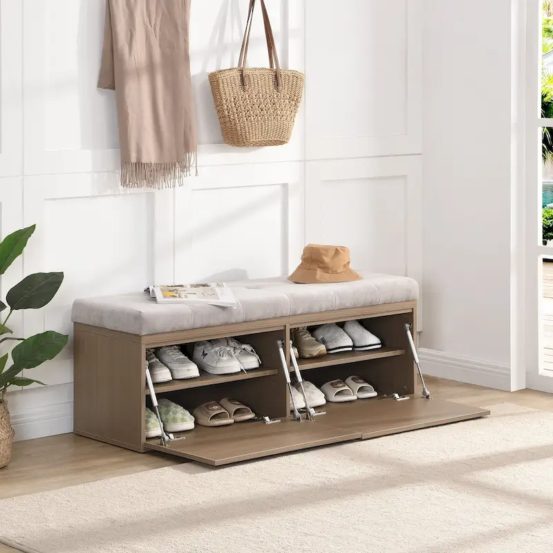 49 Shoe Storage Bench Entryway Shoe Cabinet Storage Ottoman with Padded Seat Cushion and Double Doors for Entryway, Bedroom