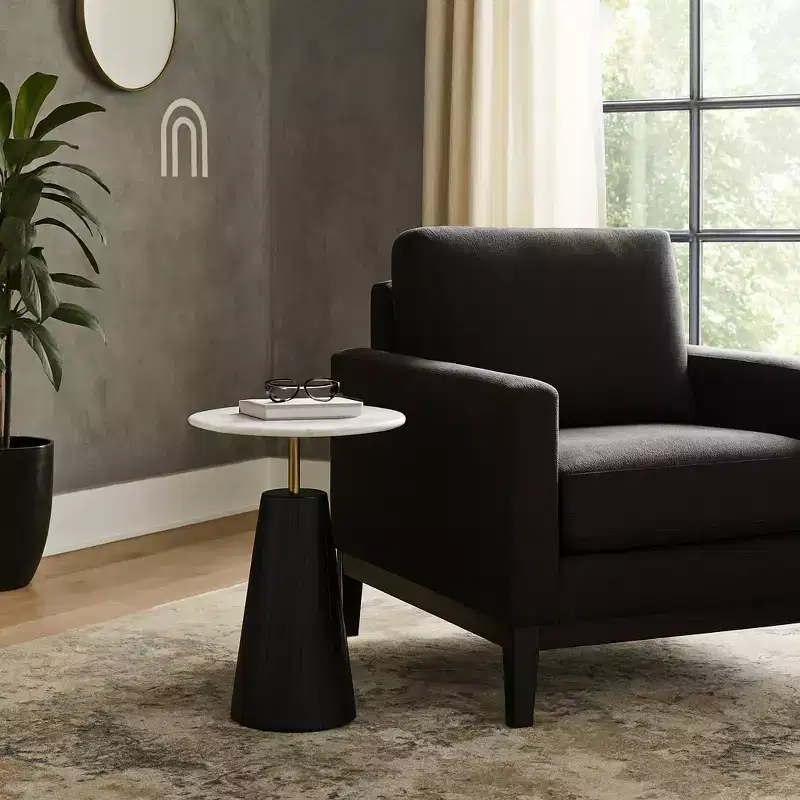 Timeless Marble Top End Table with Sleek Fluted Base Accent - Compact Small Side Table for Home, Covered Patio, or Living Room End Tables