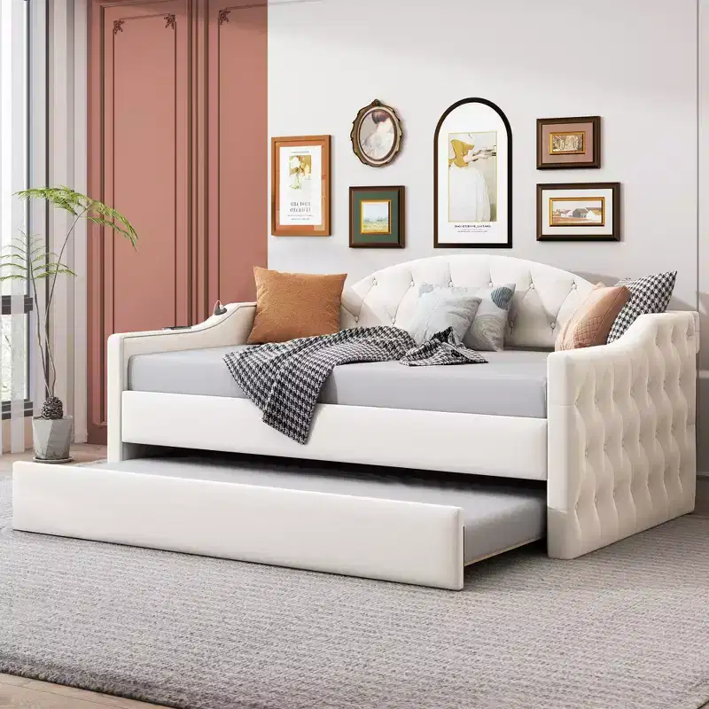 Twin Size Tufted Upholstered Daybed with Trundle, Twin Velvet Sofabed for Bedroom