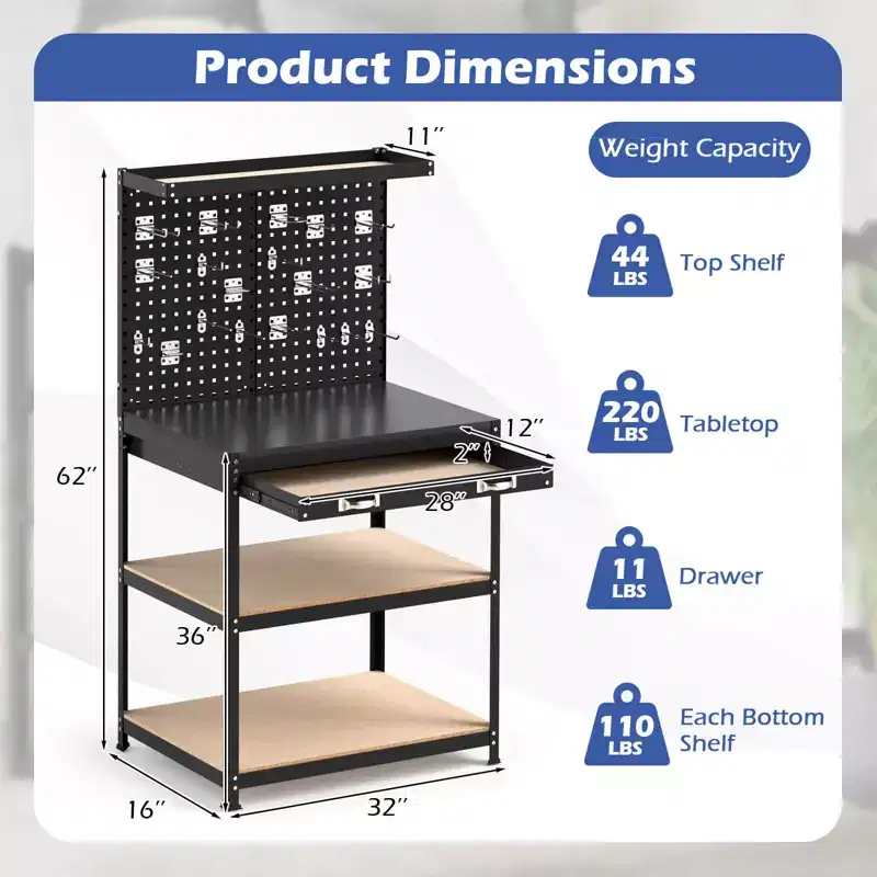 Costway 32'' x 16'' Workbench with Pegboard 20PCS Tool Hooks Drawer and Open Shelves Navy/Black