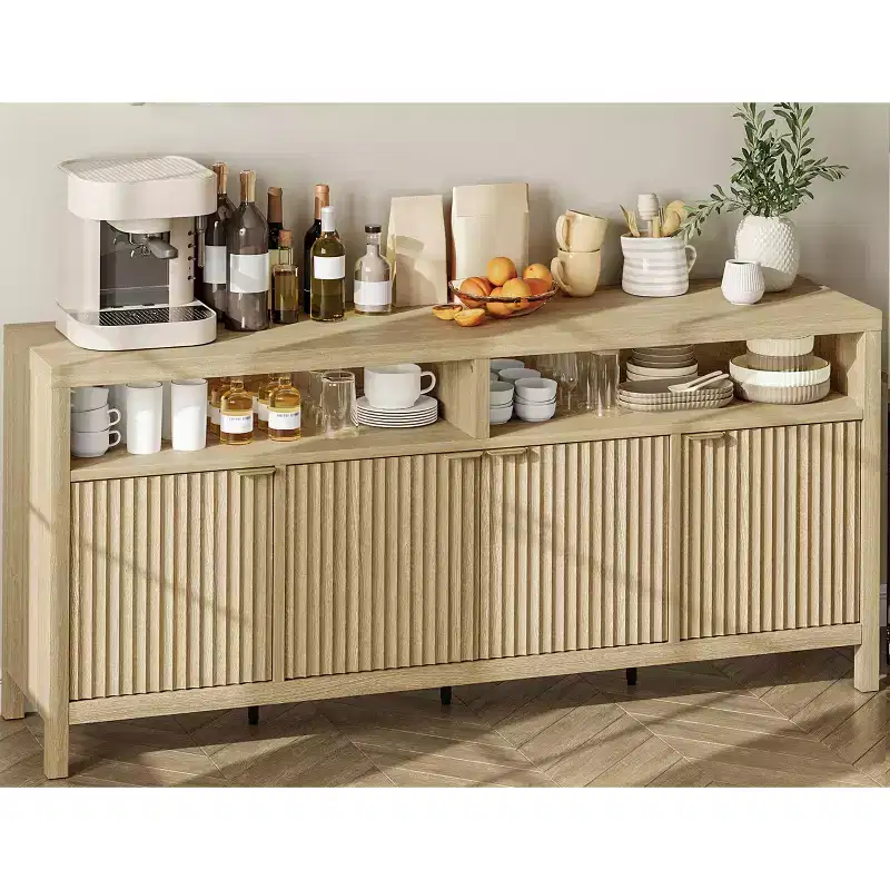65.8 Inch Fluted Sideboard Buffet Cabinet with 4 Doors, Morden Kitchen Storage Cabinet for Dining Room, Living Room, Entryway