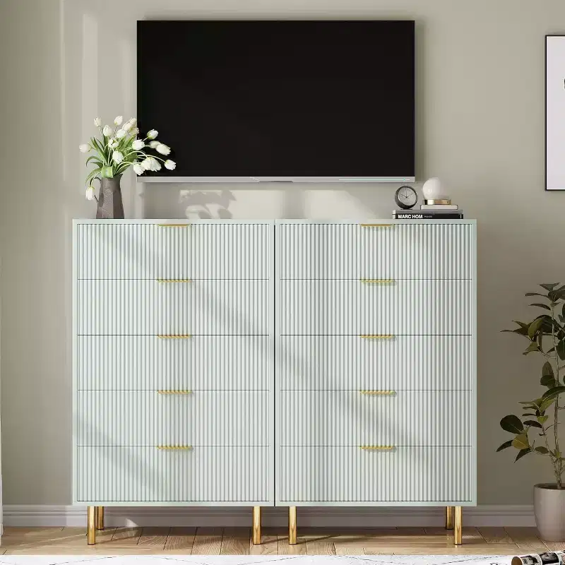 Modern Wood Drawer Dresser with Gold Handles, Tall Storage Cabinet for Efficient Storage, Chest of Drawers Organizer for Bedroom, Living Room
