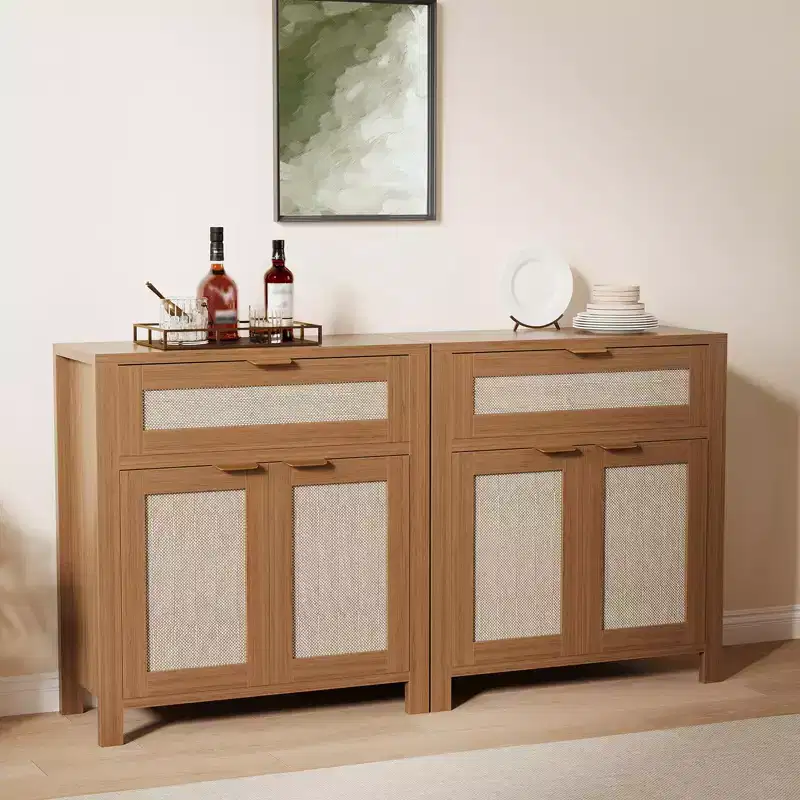 Rattan Entryway Sideboard  Adjustable Shelves & Drawer Buffet Cabinet for Kitchen/Dining/Living Room (Sturdy Wood Construction)