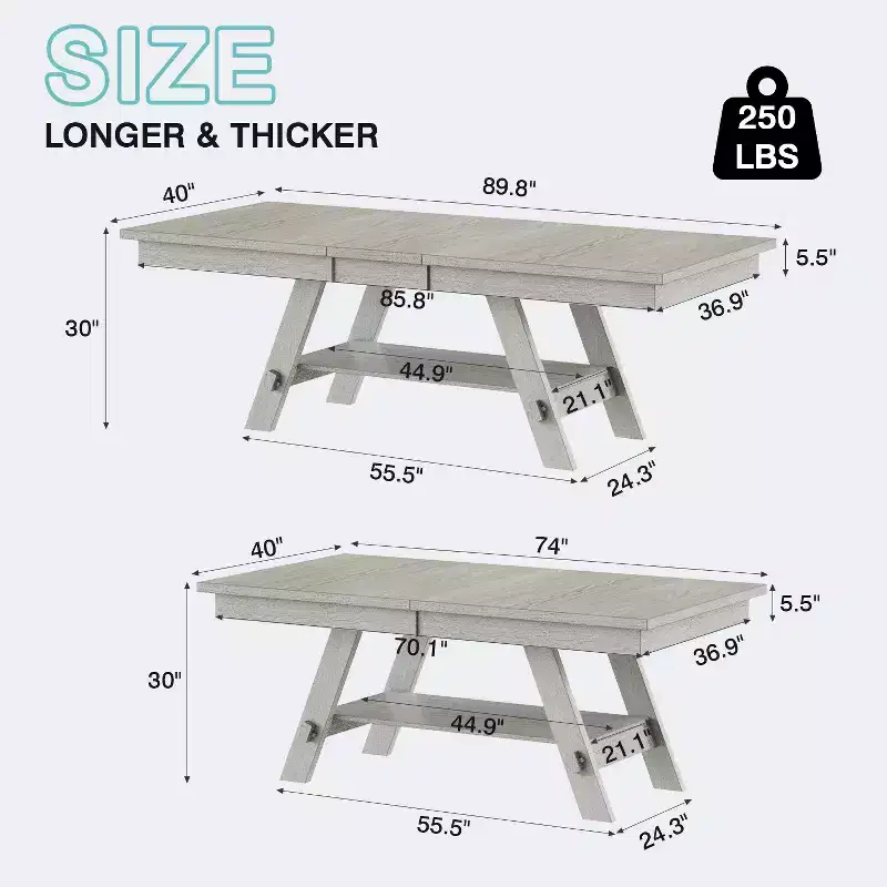 VECELO Rustic 5-Piece Extendable Dining Table Set, Rubber Wood Table with 4 Armless Upholstered Dining Chairs for Kitchen, Gray