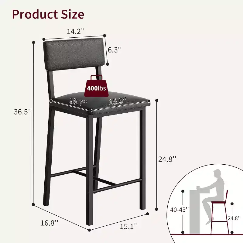 Bar Stools, Counter Height Stools with Back, Upholstered PU Leather & Thick Metal Legs, Kitchen Island Chairs