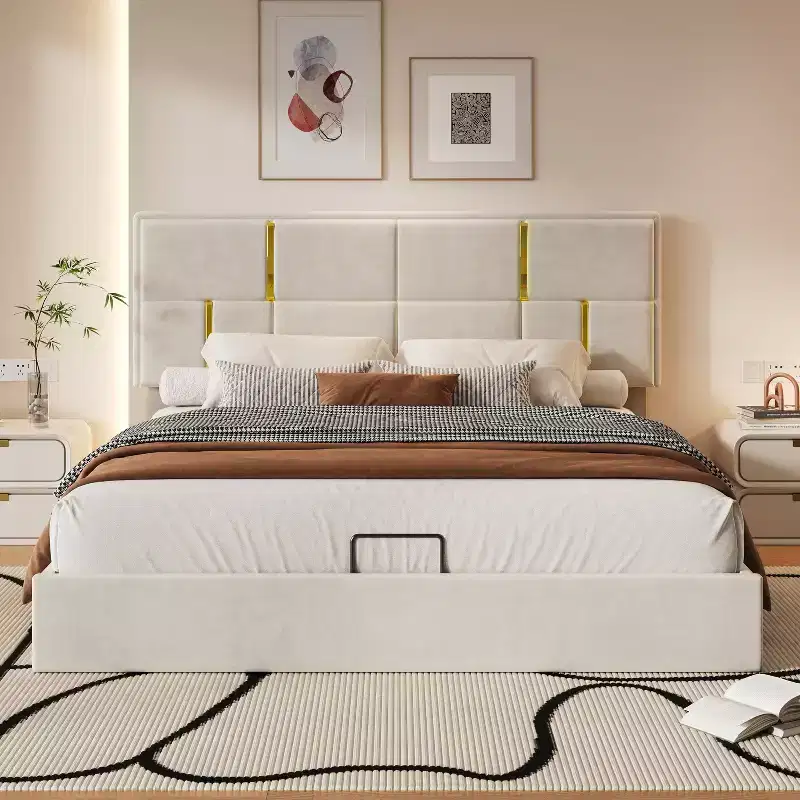 Queen Size PU Leather Upholstered Platform Bed with Hydraulic Storage System, Wooden Bed Frame with Lift Up Storage and Headboard