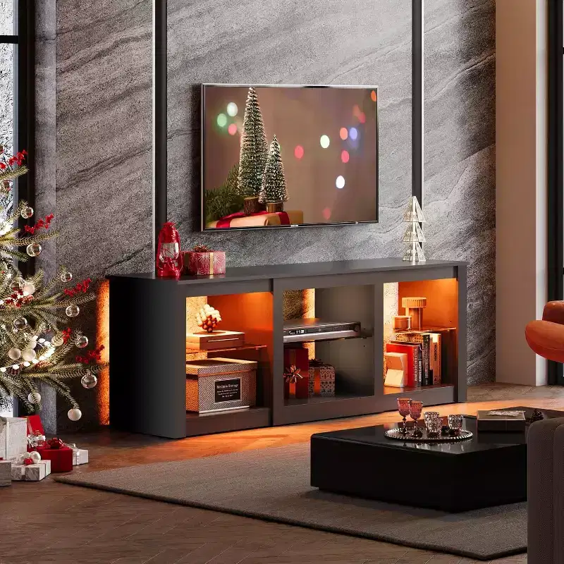 TV Stand with LED Lights for TVs up to 65 inch, Entertainment Center with Glass Shelves, Modern TV Console for Living Room, White