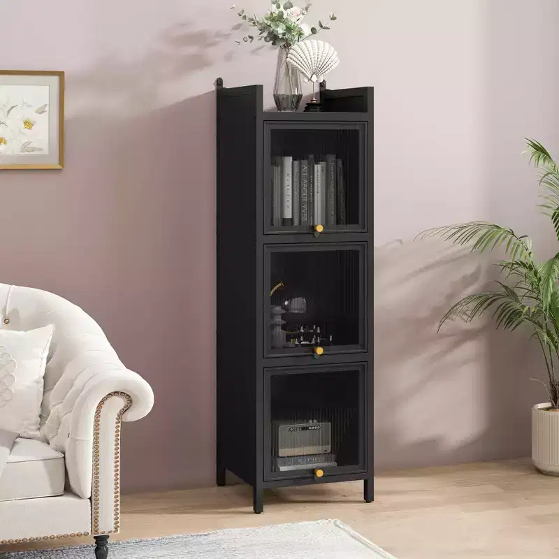 MAYEERTY Modern Three Tiers Glass Door Cabinet with Featuring Four Tiers Storage for Living Room Bathroom Green