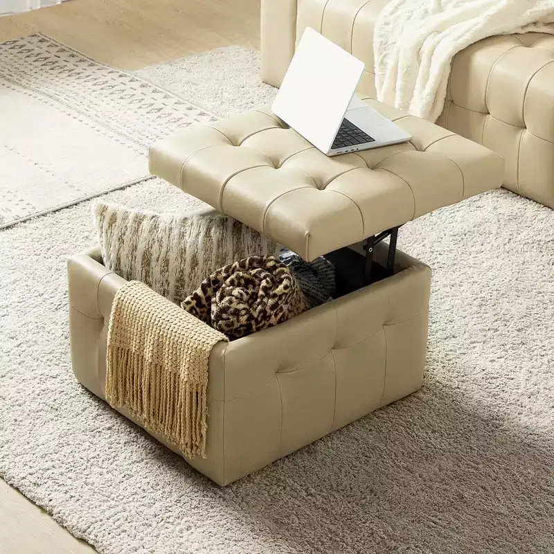 24 Wide Genuine Leather Tufted Square Standard Ottoman with Storage