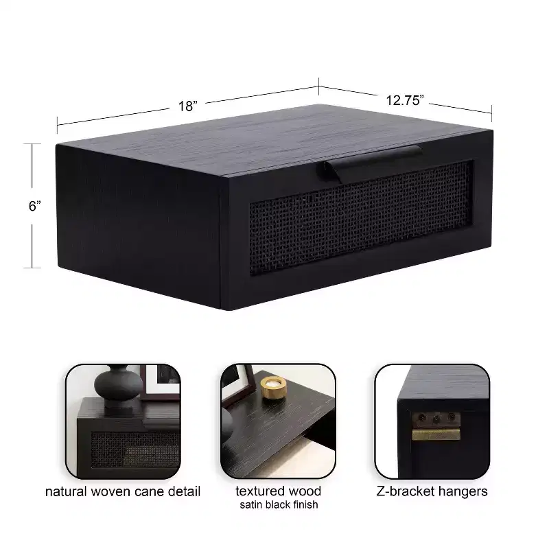 Floating Rattan Side Table 18x13x6 Black | Wall-Mounted Accent Table