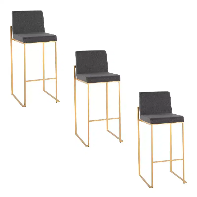 LumiSource Set of 3 Fuji High Back Barstools Gold Steel/Charcoal Fabric