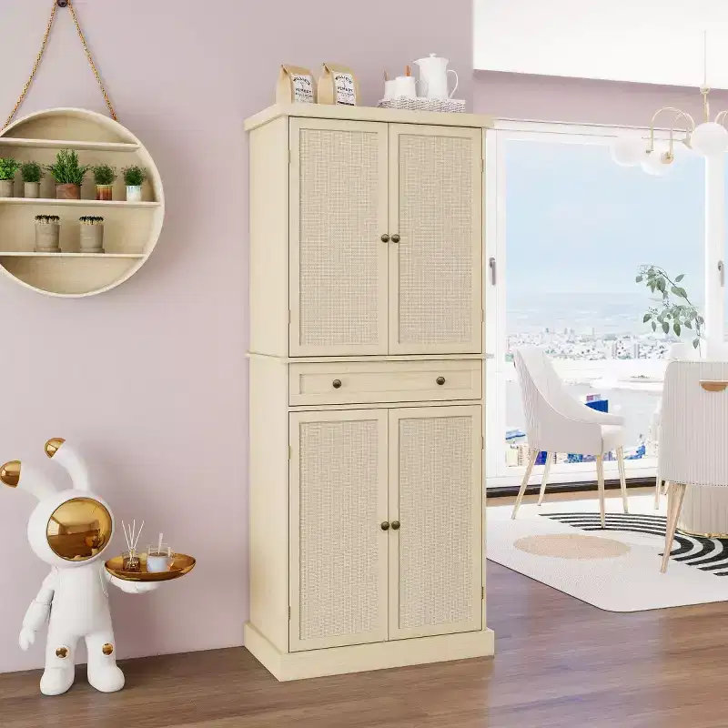72 Kitchen Pantry Cabinet, Tall Boho Storage Cupboard with Rattan Doors, Central Drawer - Panipeachy