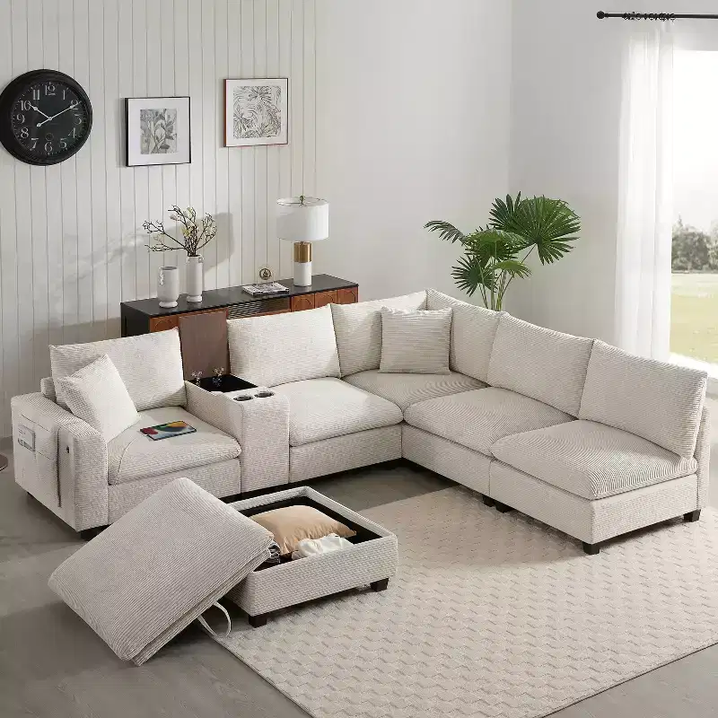Whisen Chenille Sectional Sofa & Comfy Cloud Couch Set with Drop-Down Table, Cup Holders, Storage Armrest