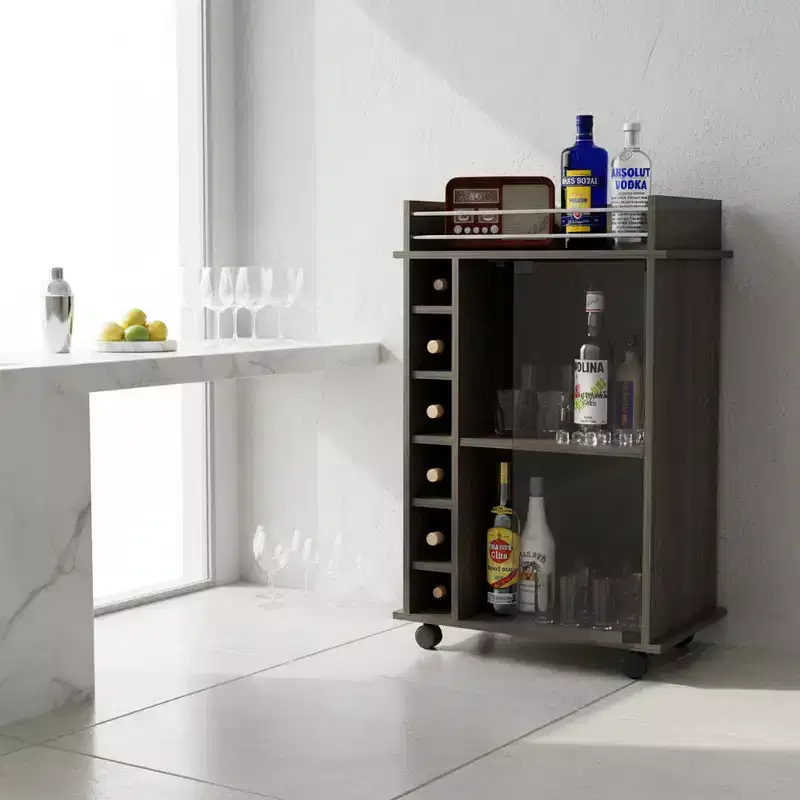 Homy Casa Bar Cart with Two Shelves and Six Bottle Rack for Dining Room or Living Space, Brown