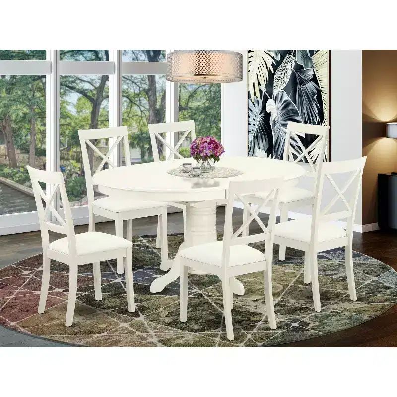 HomeStock Oval Dinner Table Set Linen White Dining Room Table with 6 Chairs