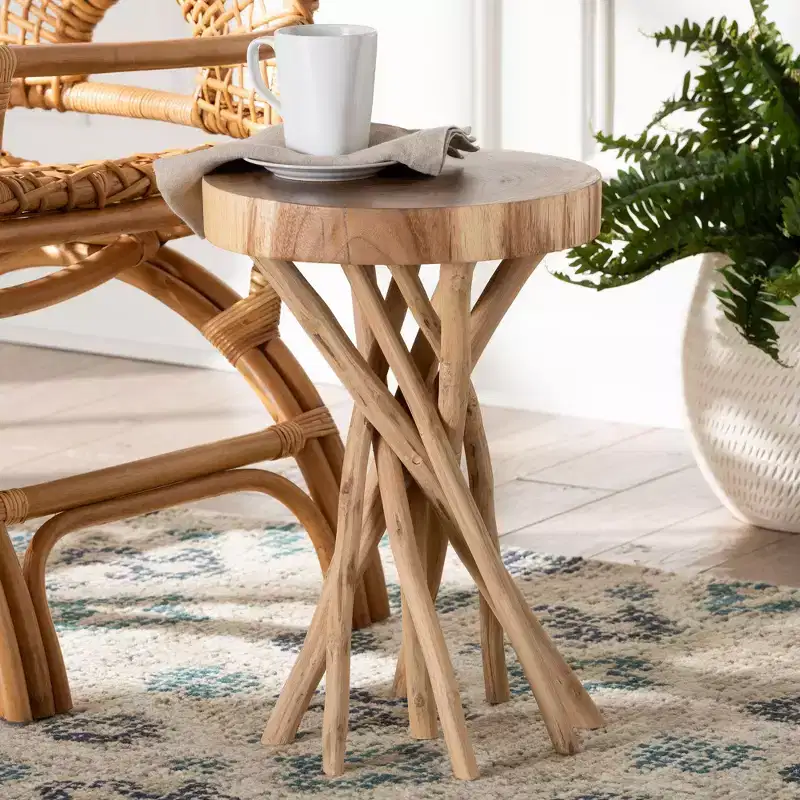 Liberte Natural Teak Wood Round End Table – Bohemian Carved Branch Base