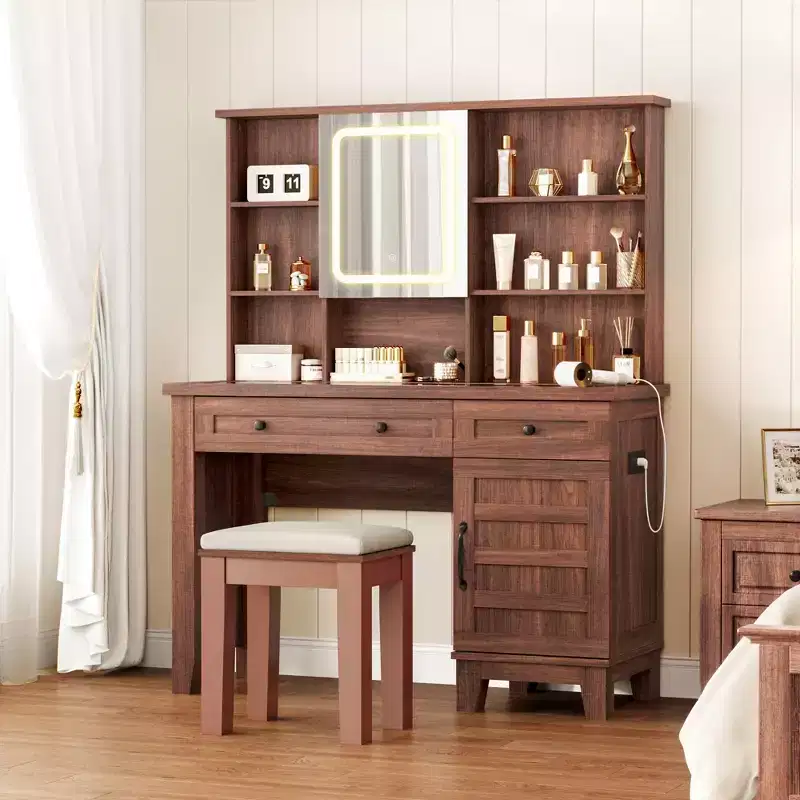 Farmhouse Makeup Vanity Desk with Mirror and Lights, Power Outlet, 2 Drawers and Cushioned Stool, Glass Top for Bedroom Dressing Room