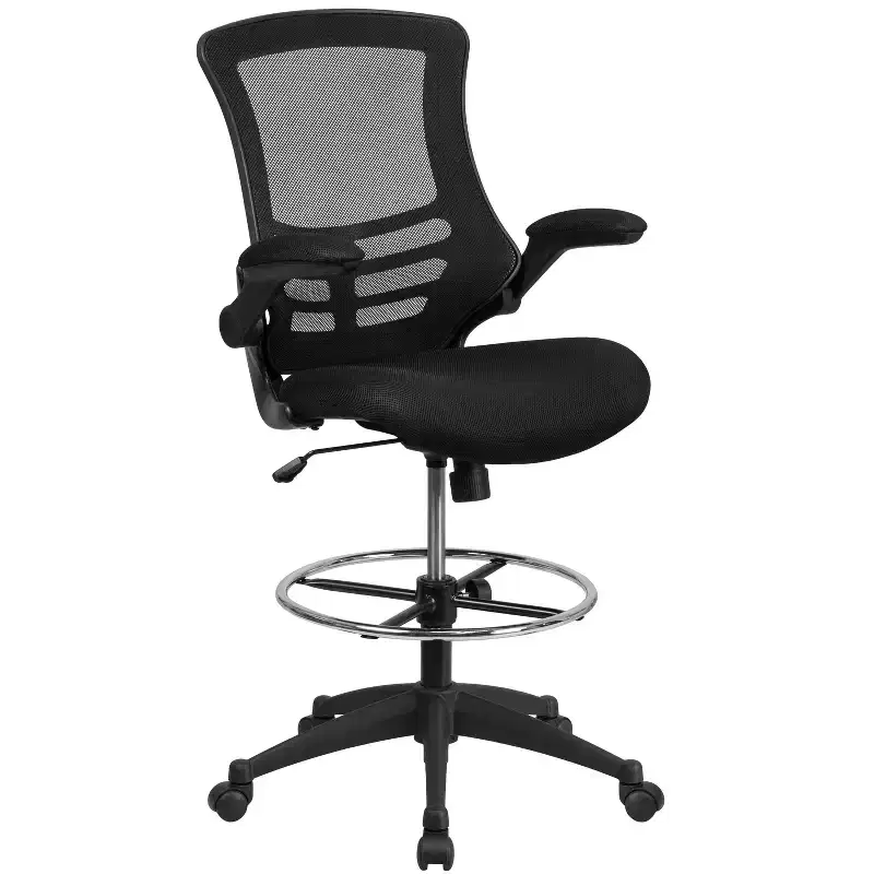 Mid-Back Black Mesh Ergonomic Draft Chair, Adjustable Ring & Flip-Up Arms