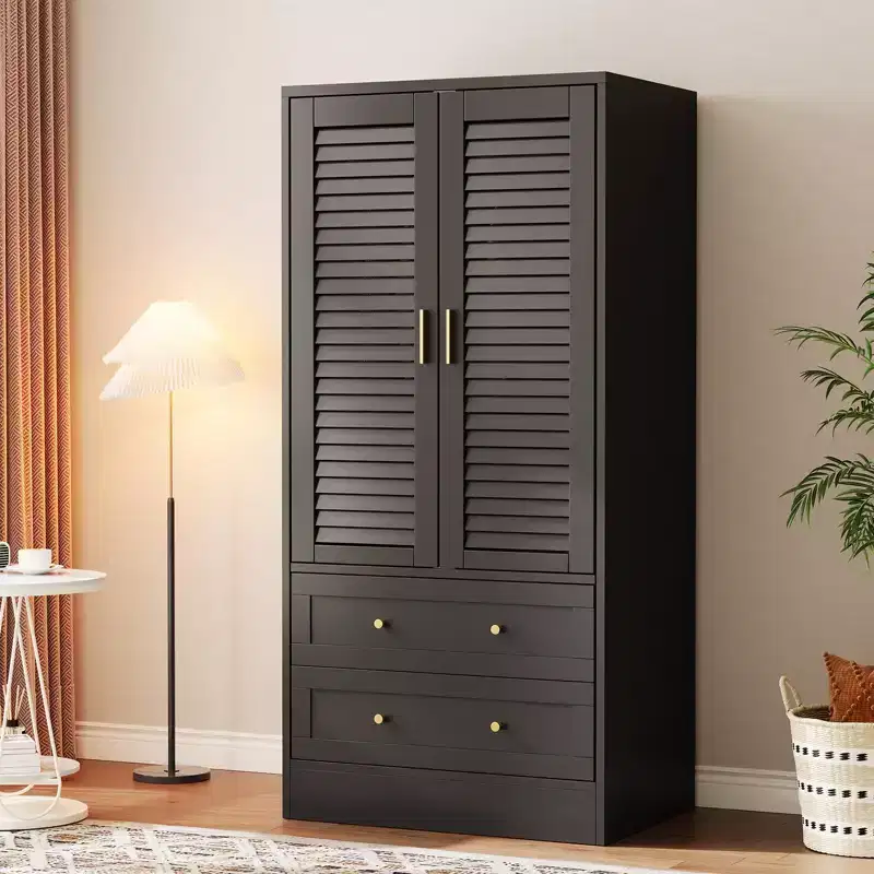 65 Wooden Armoire Wardrobe Closet, Wood Clothing Storage Cabinets with 2 Doors and 2 Drawers, Wooden Wardrobe Closet with Hanging Rod for Bedroom