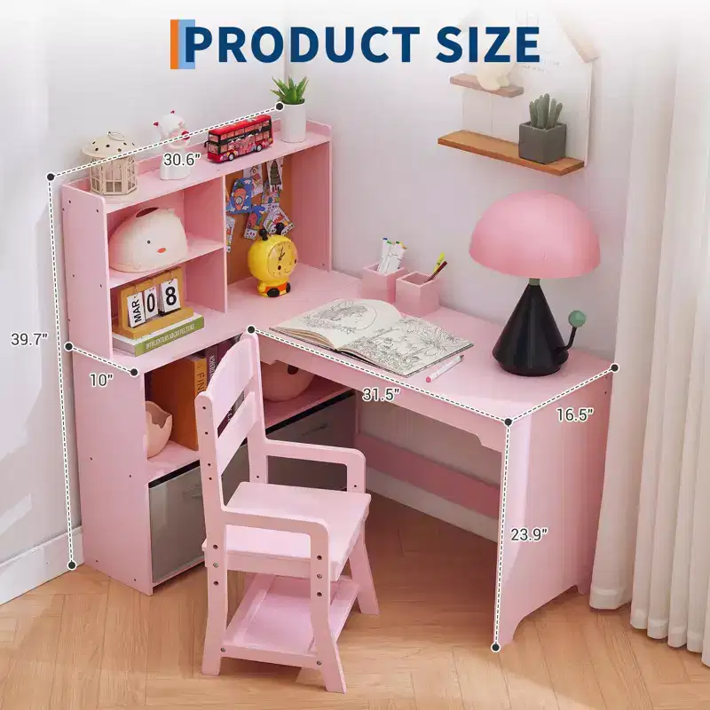 Kids Corner Desk, Desk and Chair Set for Children, L Shape Kids Study Table, Bulletin Board Open Shelves & Storage Cabinets and Cloth Drawers, White