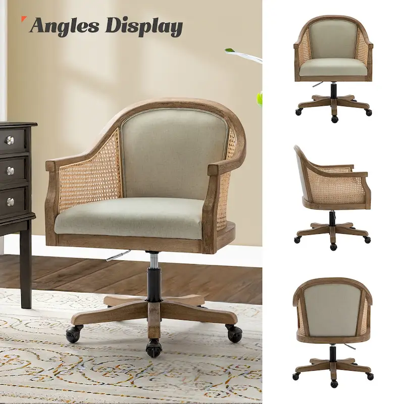 Danilo Farmhouse 360 Degree Swivel Height Adjustable Rattan Desk Chair with RubberWood by HULALA HOME