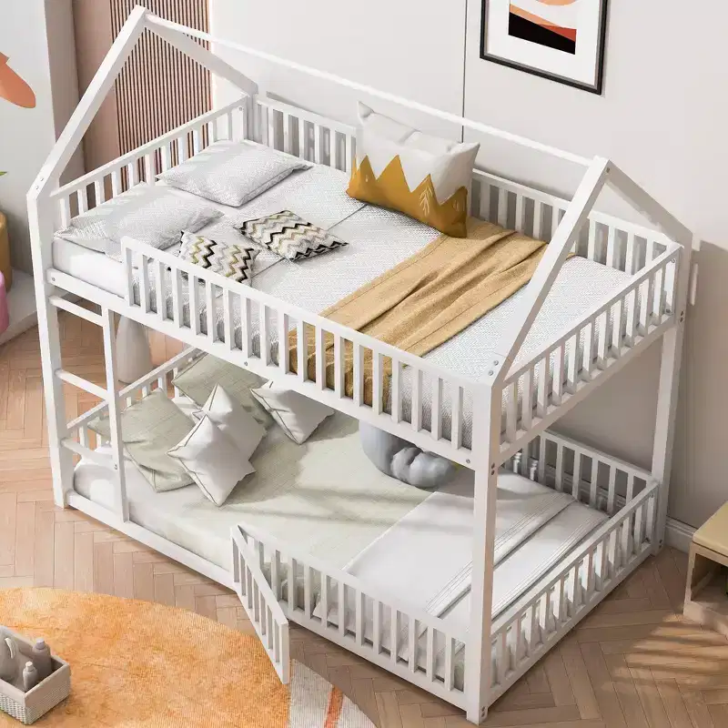 78IN Twin-Over-Twin Size Metal Bunk Bed, Bed Frames with Fence, Door and Safety Guardrail, Kids Bunk Beds for Kids Room, Bedroom, White