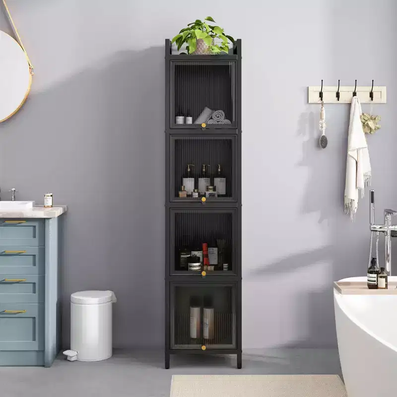 MAYEERTY Modern Four Tiers Glass Door Cabinet with Featuring Five Tiers Storage for Living Room Bathroom Black
