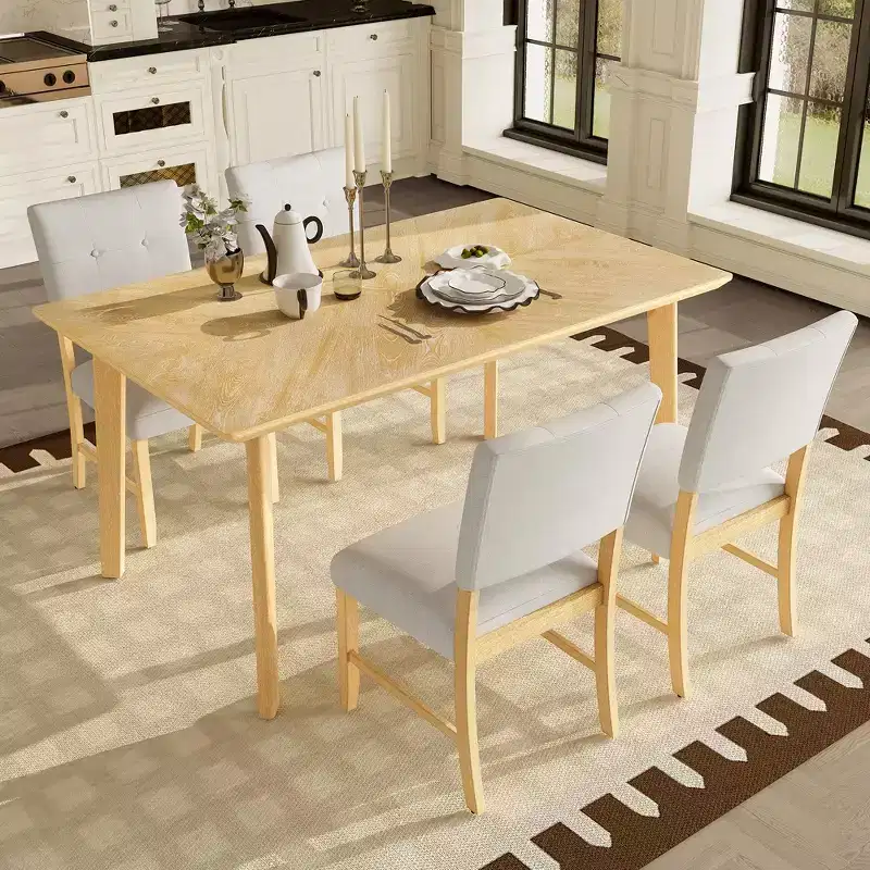 Minimalist Dining Room Table Set for 4, 5 Piece Solid Wood Rectangle Dining Set with 4 Upholstered Chairs for Dining Room, Natural Wood Wash