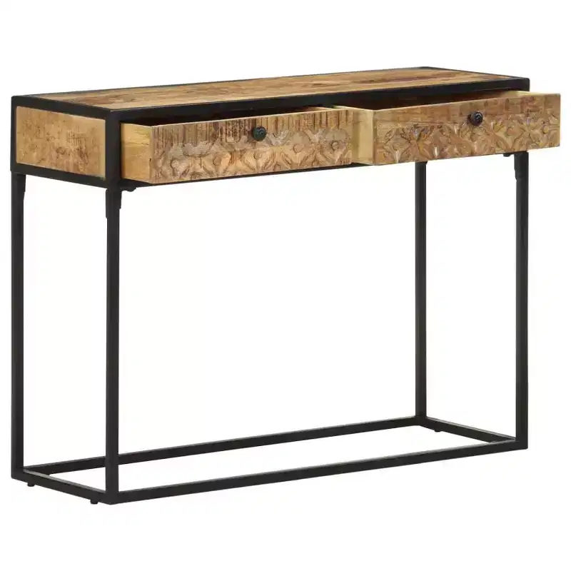 Solid Mango Wood Console Table with Carved Drawers & Steel Frame, 39.4