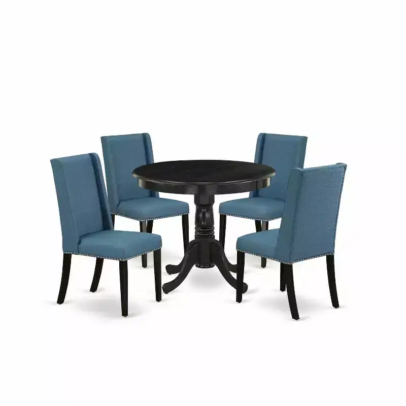 HomeStock 5-Piece Round Wirebrushed Black Finish Solid Wood Top Dining table with 4-Chairs