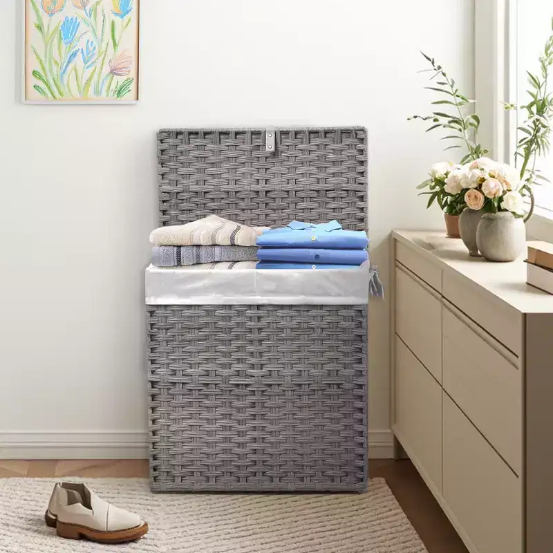 JIONJOY 29 gal. Wicker Hamper w/Lid, Foldable Design, Removable Compartment & Washable Liner