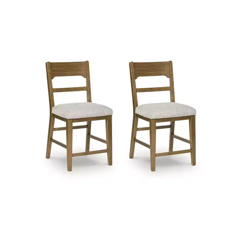 Signature Design by Ashley Cabalynn Counter Height Upholstered Barstools, Set of 2, Light Brown Frame with Cushioned Oatmeal Seat