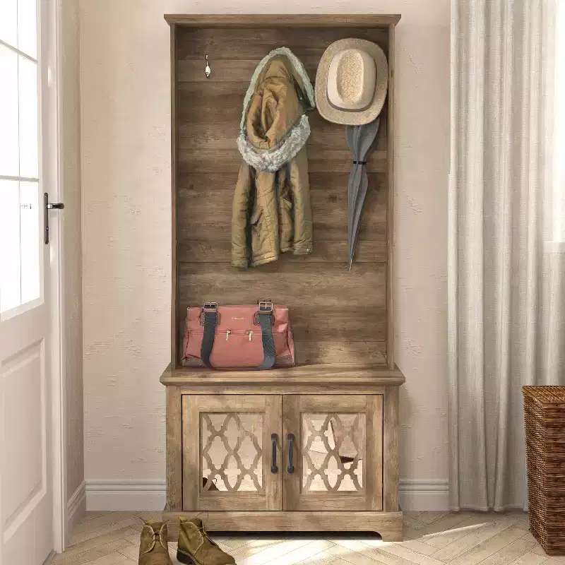 GALANO Hall Tree with Bench and Mirror Door Storage in Knotty Oak 31.3 W x 15.7 D x 68.3 H