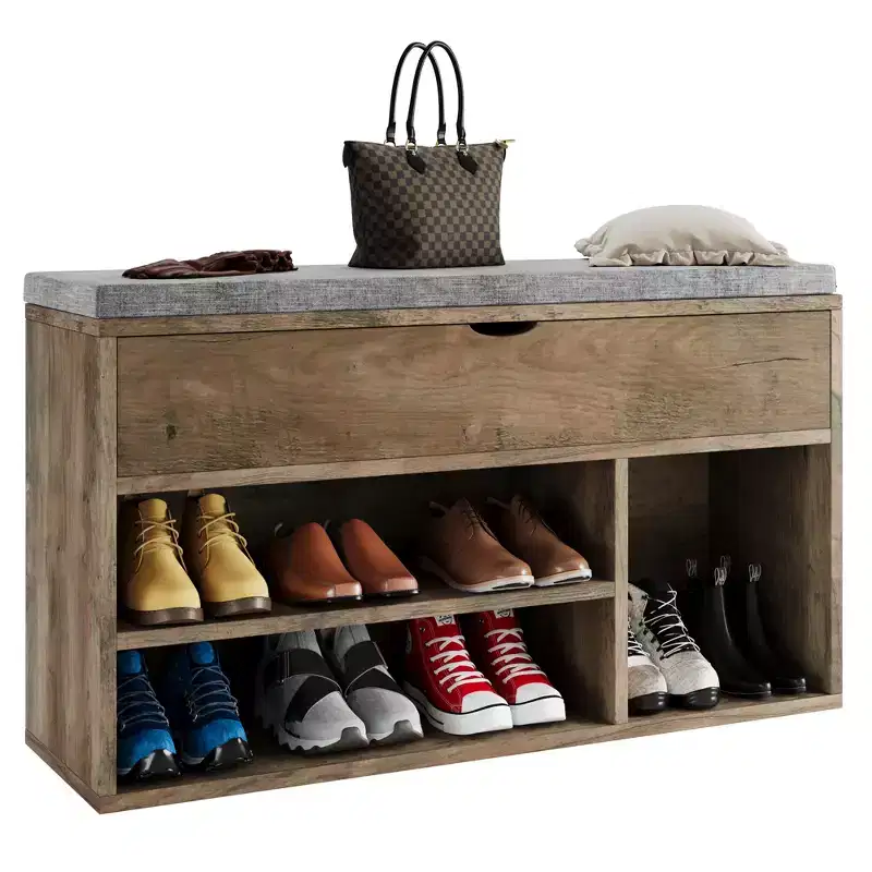 Brown padded shoe cabinet with two shelves for storage, suitable for entrance, living room, bathroom