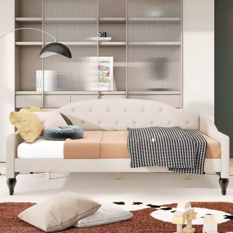 Full Size Upholstered Daybed, Tufted Sofa Bed Frame w/wo Drawers/Twin Size Trundle, Beige -ModernLuxe