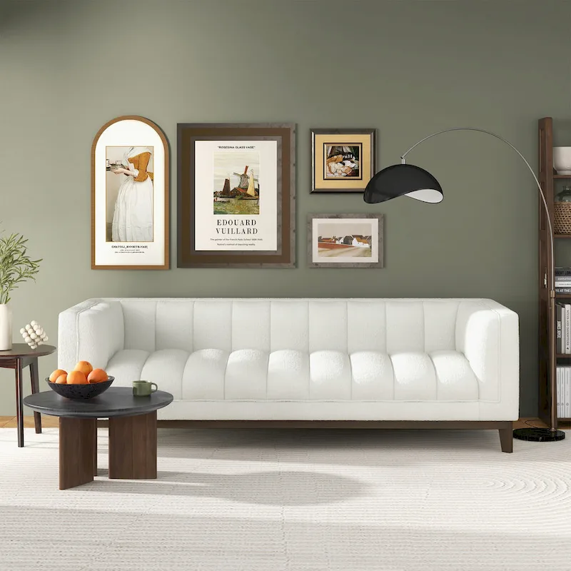 Mid-Century Modern 2-Seater Sofa | Velvet & Boucle | Green / Ivory / Orange