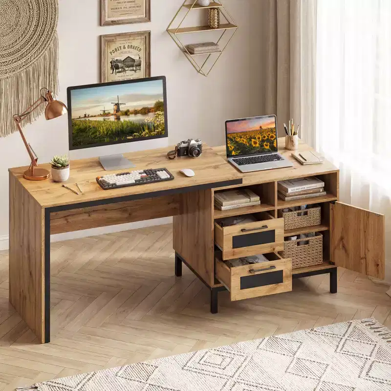 71 Executive Desk with Open Compartments, Storage Drawers & Single-Door Cabinet Natural