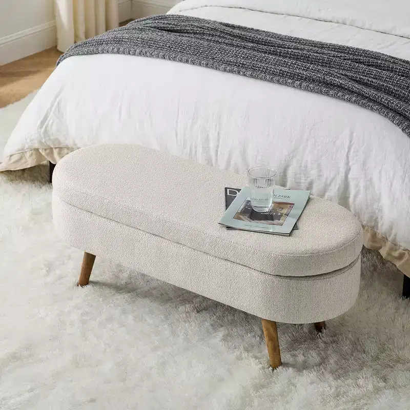 Zeus & Ruta Oval Fabric Storage Ottoman Bench with Rubber Wood Legs